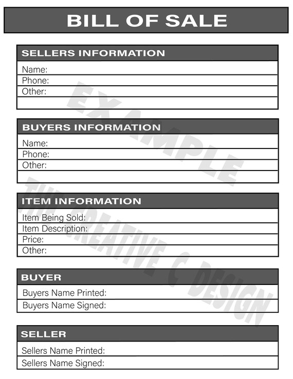 Bill of Sale Printable Download LARGE Font 8.5 X 11 | Etsy