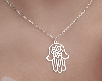 Silver Hamsa Hand Necklace, Evil Eye Protection Charm