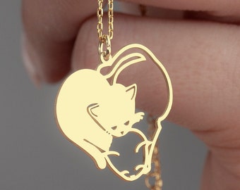 Joli collier chat en argent sterling, bijoux pour amoureux des chats, cadeau pour fille amoureuse des chats, petit collier chat coeur, pendentif chat, collier chaton mignon