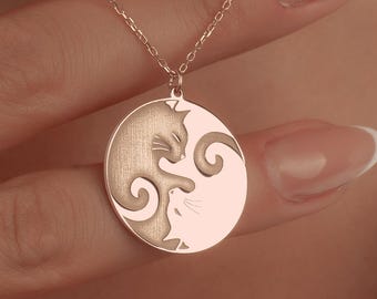 Sterling Silver Yin Yang Cat Necklace, 14K Gold Cat Pendant, Yin Yang Jewelry. Minimalist Jewelry, Everyday Necklace, Gift For Her