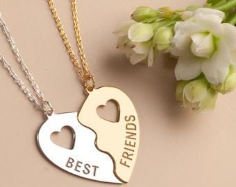 Best Friends Heart Necklace, Broken Heart Pendant Set, Silver Gold