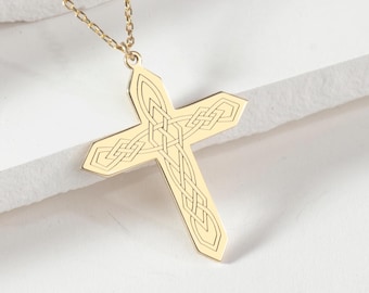 Celtic Cross Necklace, Gold Plated Religious Pendant, Intricate Knot Design, Spiritual Symbol Jewelry, Gift for Her, Minimalist Faith Charm