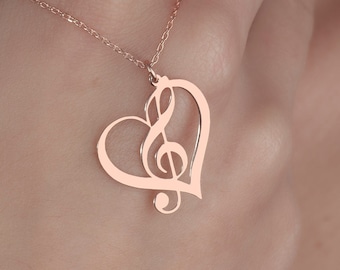 Treble Clef Necklace in Sterling Silver, Heart Shape Treble Clef, Gift for Musician, Music Note Pendant, Musical Jewelry, Music from Heart