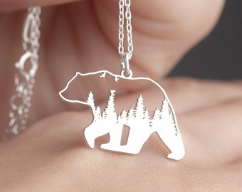 Bear Necklace in Sterling Silver, Mother and Child Jewelry, Animal Charm, Bear Pendant, Animal Lover Gift, Elegant Bear Jewelry,Gift For Her