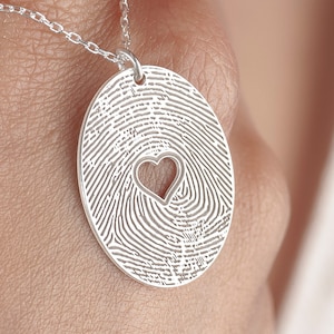 Oval Fingerprint Jewelry, Silver Heart Stamped Necklace, Heart Fingerprint Necklace, Memorial Necklace, Wedding, Anniversary, Love