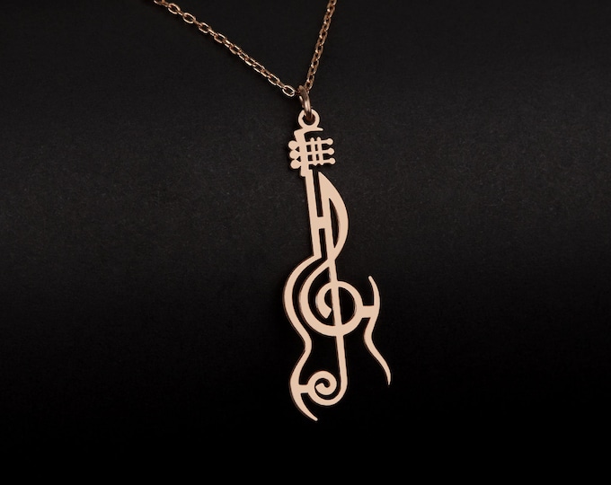 Guitar Necklace with Treble Clef, Sterling Silver Treble Clef, Guitar Jewelry, Gift for Guitarist, Dainty Guitar Pendant, Gift for Musicians
