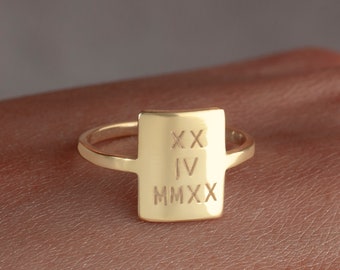 Custom Square Roman Numerals Ring, Anniversary Ring, Memorial Ring, Personalize Numeral Jewelry, Roman Numeral Spiral Ring, Promise Ring
