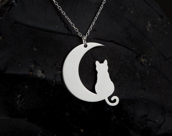 Collar de gato en la luna, joyería de gato sentado en la luna en plata de ley, colgante de gato delicado, encanto de luna con gatito, regalo para amante de los gatos