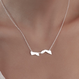 The Creation Of Adam Necklace, 925 Sterling Sillver Adam Pendant, Art Jewelry,Religious Necklace Two Hands Touching Together Pendant,
