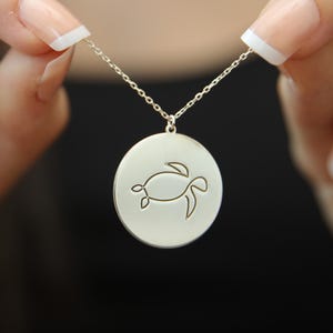 Turtle Necklace, Silver Plated Round Pendant, Minimalist Ocean Jewelry, Sea Life Inspired Gift, Boho Beach Style Jewelry