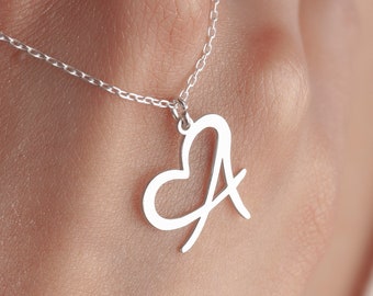 Heart Initial Necklace, Letter Pendant, Silver Personalized Name Charm, Custom Letter Pendant, Heart Letter Initial Necklace,