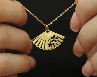 Gold Fan Necklace, Cherry Blossom Charm, Oriental Jewelry