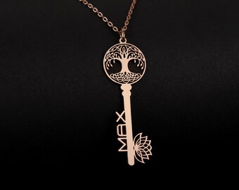 Bijoux clés personnalisés en argent sterling, pendentif clé arbre de vie, bijoux spirituels, breloque clés et cadenas, collier de méditation, cadeau pour yoger