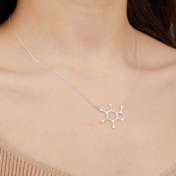Caffeine Necklace, Caffeine Molecule Jewelry in Sterling Silver, Molecular Pendant, Gift for Him/Her, Coffee Addicts Gift, Science Jewelry