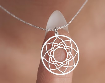 Sterling Silver Geometric Mandala Necklace, Boho Minimalist Jewelry
