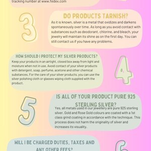May include: A colorful infographic with eight numbered steps answering frequently asked questions about shipping, tracking, care, and returns for silver jewelry. The text includes the phrases "How many days will the products be shipped?", "How can I track my cargo?", "Do products tarnish?", "How should I protect my silver products?", "Is all of your product pure 925 sterling silver?", "Will I be charged duties, taxes and any other fees?", "Can I cancel my order?", and "If I am not satisfied with the product can I return it?"
