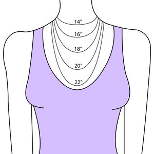 May include: A diagram showing different necklace lengths on a model wearing a purple tank top. The lengths are 14 inches, 16 inches, 18 inches, 20 inches, and 22 inches.