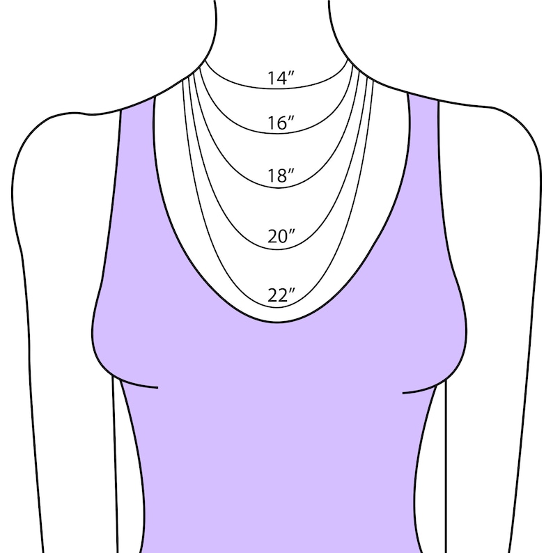 May include: A diagram showing different necklace lengths on a model wearing a purple tank top. The lengths are 14 inches, 16 inches, 18 inches, 20 inches, and 22 inches.