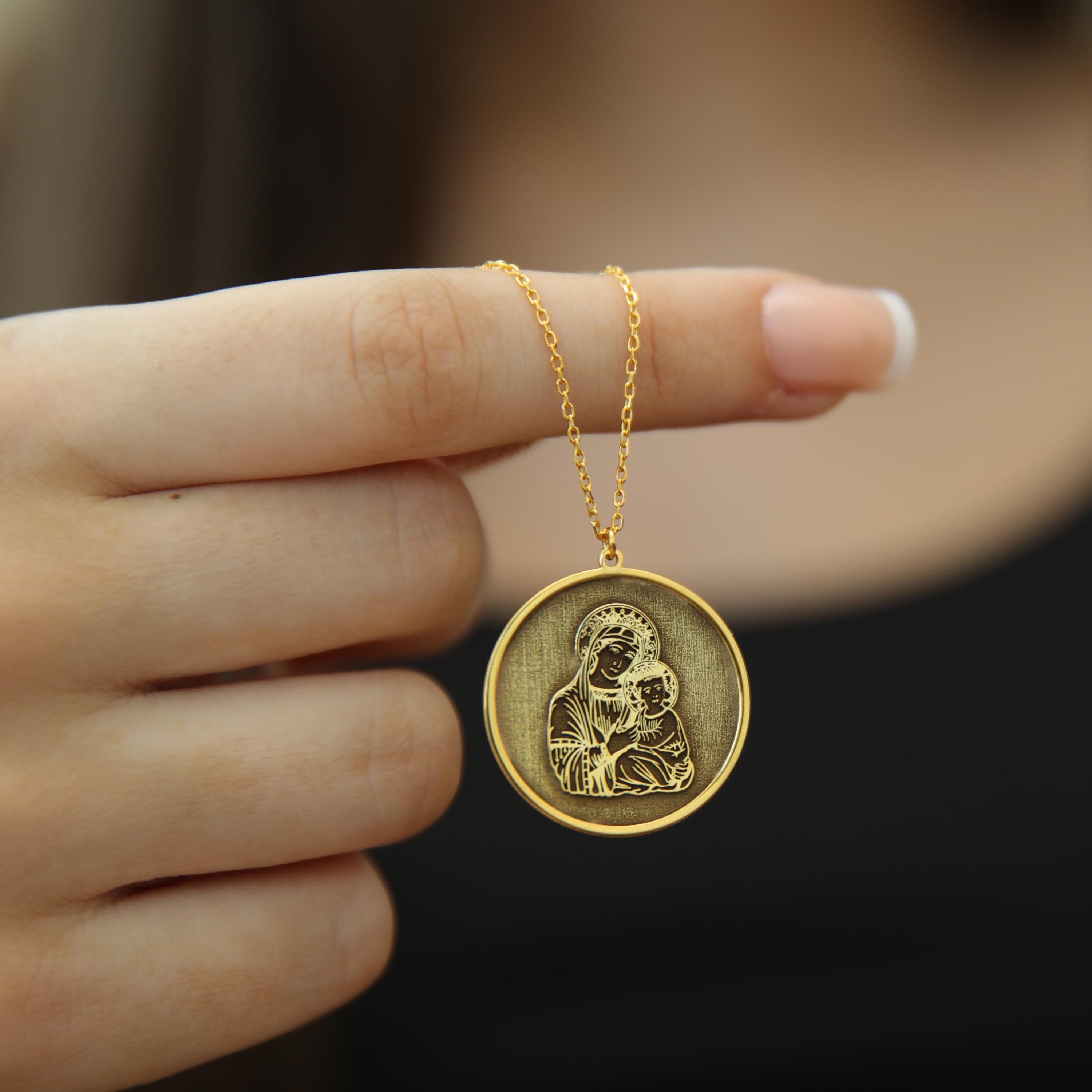 Gold Virgin Mary and Child Jesus Necklace, Religious Madonna Pendant ...