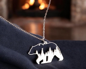 Bear Necklace in Sterling Silver, Mother and Child Jewelry, Animal Charm, Bear Pendant, Animal Lover Gift, Elegant Bear Jewelry,Gift For Her