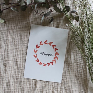 Postkarte "Amore"; Valentinstag; Karte Aquarell; Geschenk; Grußkarte; Herzen; Postkarte