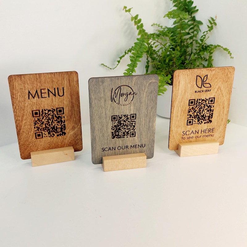 Custom Engraved Wooden QR Code Menu Sign for Cafe Bar