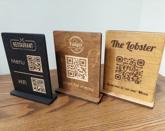 Support de menu avec code QR gravé personnalisé | Numériser pour commander | Menu QR | Commande sans contact | Panneau en bois pour entreprise