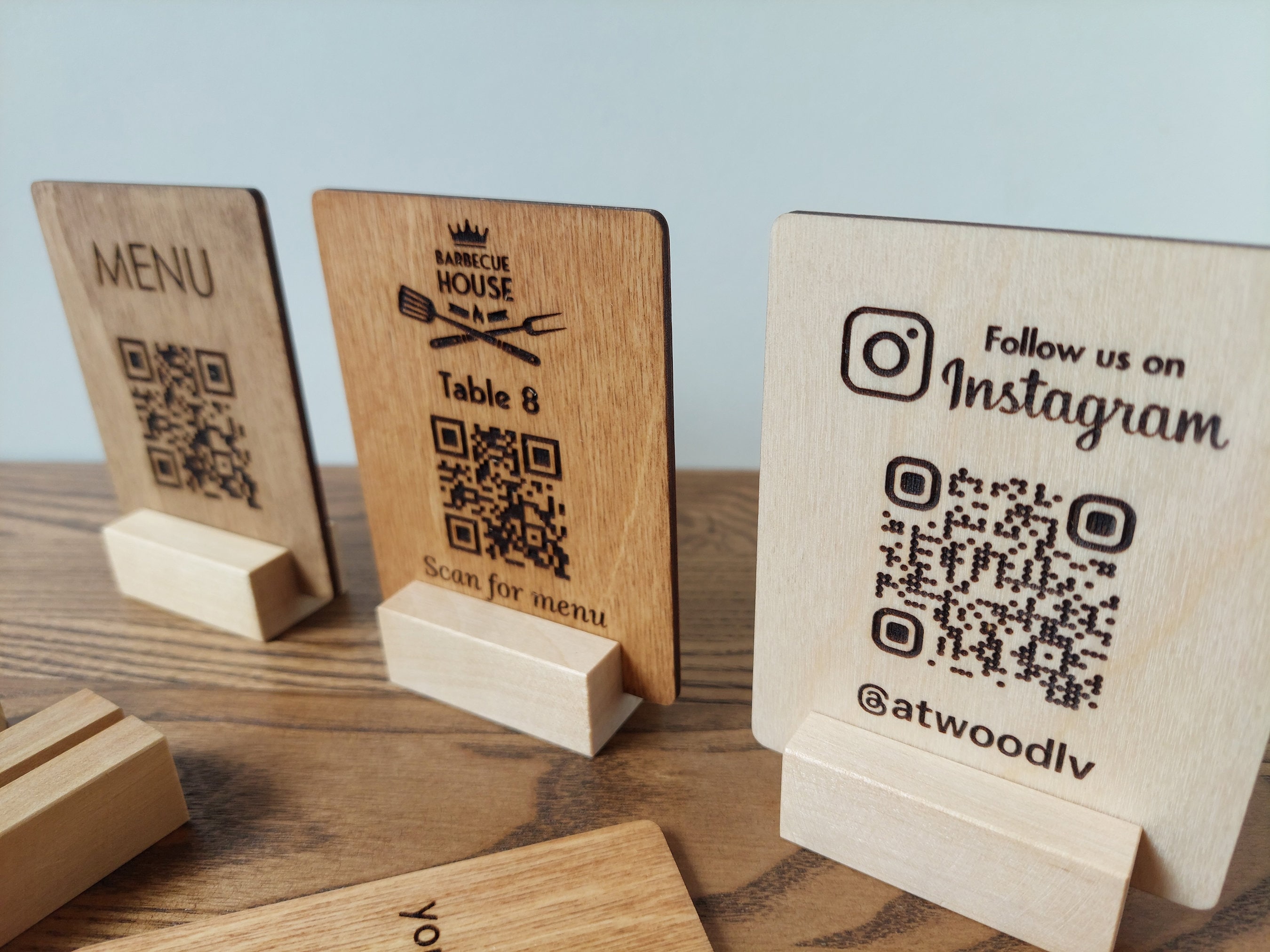 Custom Engraved QR Code Sign: Wooden Restaurant Menu