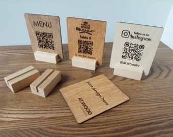 Custom Engraved QR Code Sign: Wooden Restaurant Menu