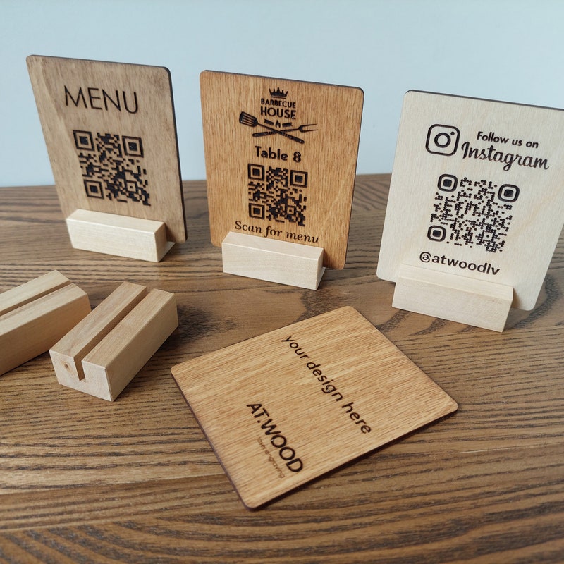 Custom Engraved QR Code Sign: Wooden Restaurant Menu