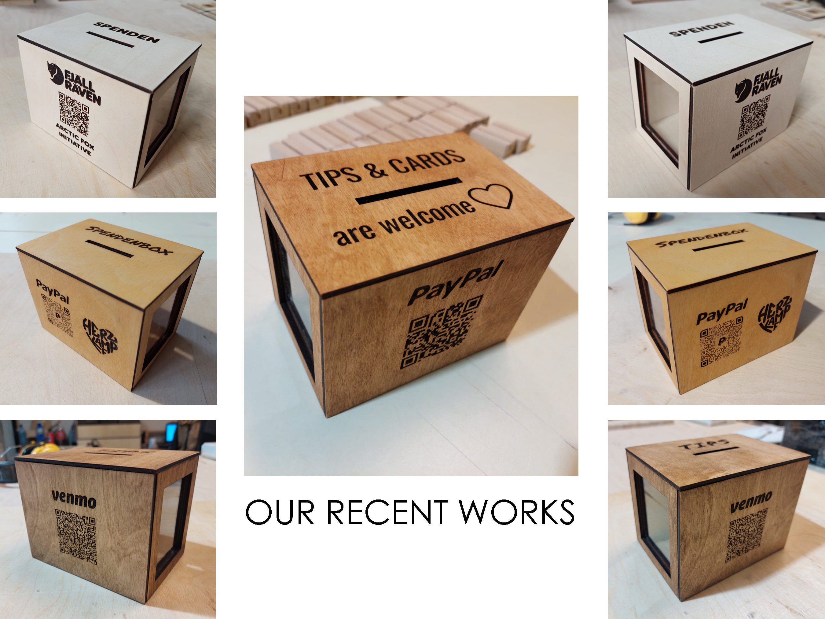 Personalized Wooden QR code Tipping Box, Custom Made Money Box, Charity Box with QR code, Wooden Donation Box, Charity Box, Wood Piggy Bank