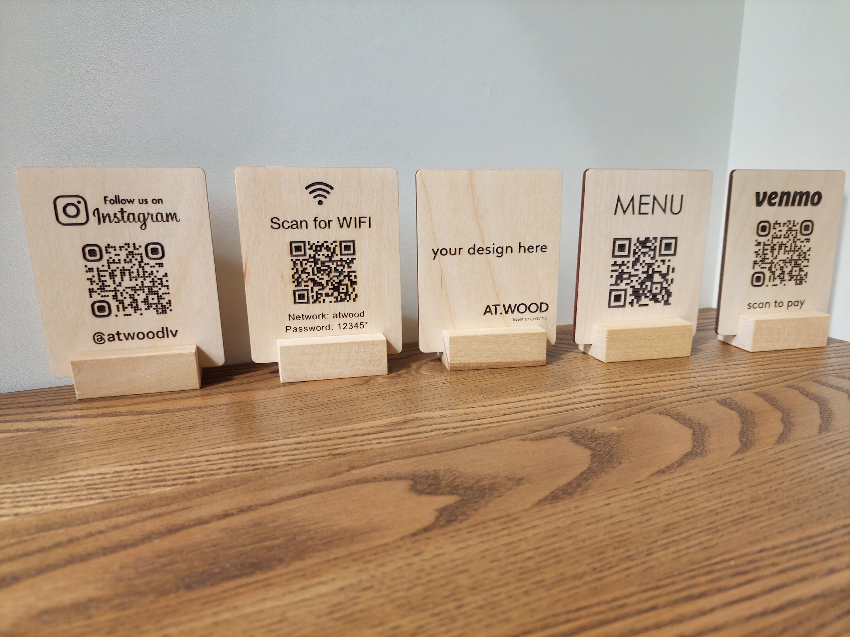 Custom Engraved QR Code Sign: Wooden Restaurant Menu