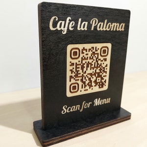 QR-code menubord, op maat gemaakte scan op tafel voor menu gegraveerd houten bord, QR-code houten bord voor café-bar en restaurant