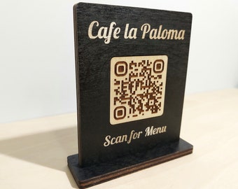 Custom Engraved QR Code Menu Sign: Wooden Tabletop Display