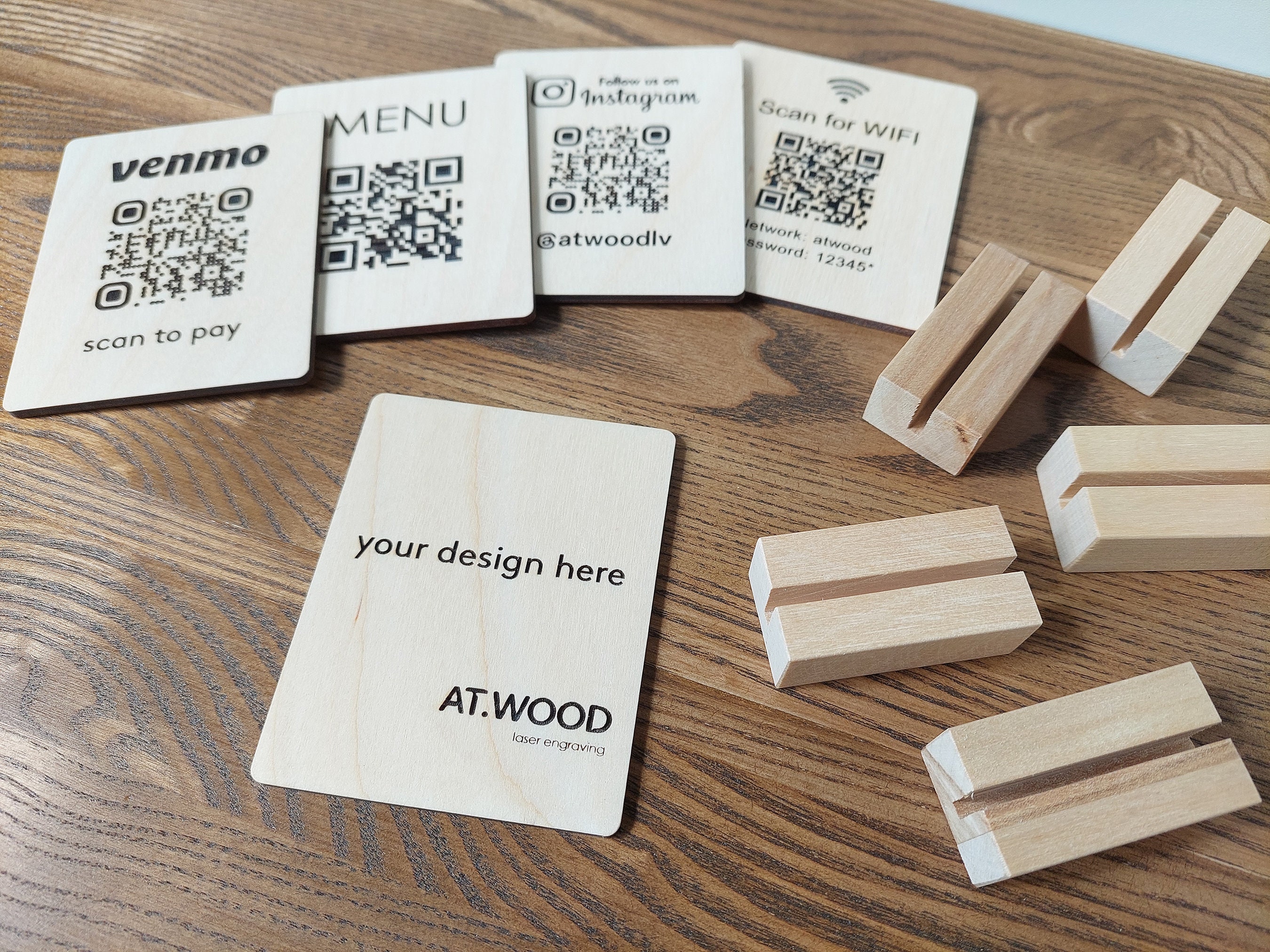 Custom Engraved QR Code Sign: Wooden Restaurant Menu