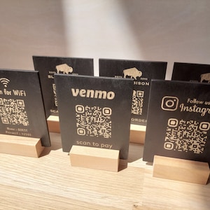 Personalized Black Wooden Sign with Engraved QR Codes | Instagram, TikTok, Venmo, PayPal, Wi-Fi, Restaurant Digital Menu,