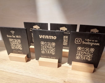 Panneau en bois noir personnalisé avec codes QR gravés | Instagram, TikTok, Venmo, PayPal, Wi-Fi, Restaurant Digital Menu,