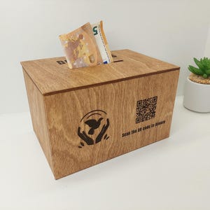 Fooipot met QR-code voor Venmo en PayPal | Gepersonaliseerde donatiebox, handgemaakte aanpasbare spaarpot, houten fooiendoos