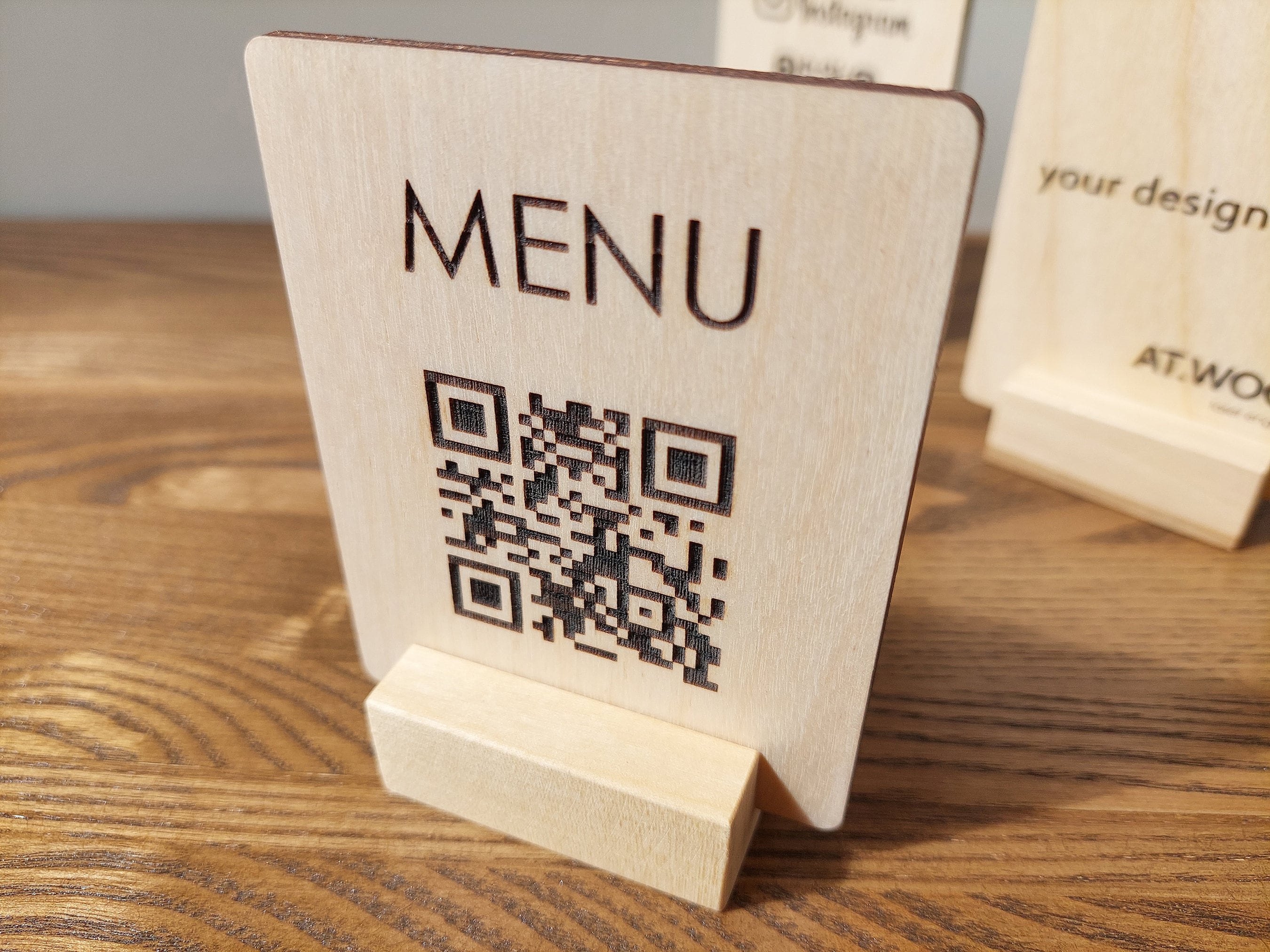 Custom Engraved QR Code Sign: Wooden Restaurant Menu