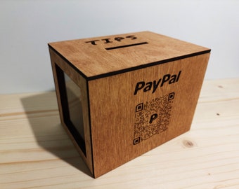 Personalized Wooden QR code Tipping Box, Custom Made Money Box, Charity Box with QR code, Wooden Donation Box, Charity Box, Wood Piggy Bank