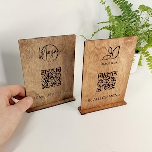 Scannen voor menu, QR-code menubord, op maat gegraveerd houten restaurantbord, houten QR-code bord voor café-bar, contactloze betalingen