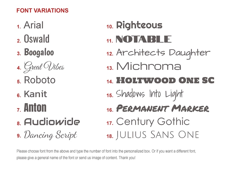 May include: A list of 18 different font variations, numbered 1 through 18. Each font is displayed in a different style, including Arial, Oswald, Boogaloo, Great Vibes, Roboto, Kanit, Anton, Audiowide, Dancing Script, Righteous, NOTABLE, Architects Daughter, Michroma, HOLTWOOD ONE SC, Shadows Into Light, PERMANENT MARKER, Century Gothic, and JULIUS SANS ONE.