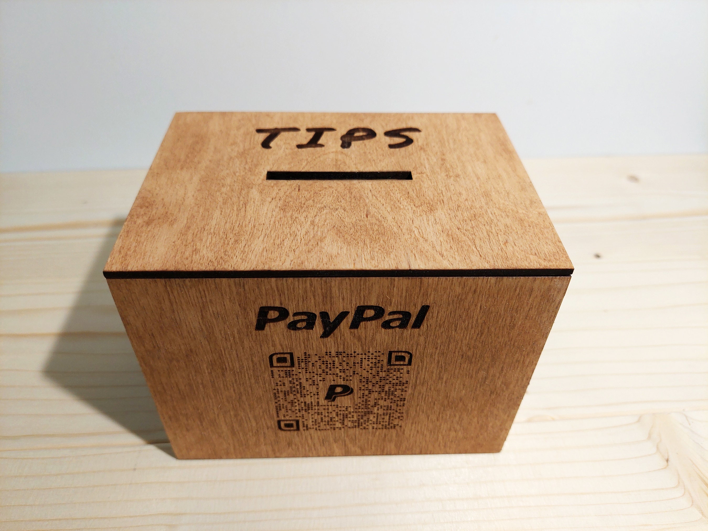 Personalized Wooden QR code Tipping Box, Custom Made Money Box, Charity Box with QR code, Wooden Donation Box, Charity Box, Wood Piggy Bank