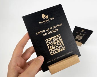Placa con código QR grabado personalizado/Expositor comercial con logotipo y texto personalizado/Señal de reseñas de Google para restaurantes, cafeterías y hoteles