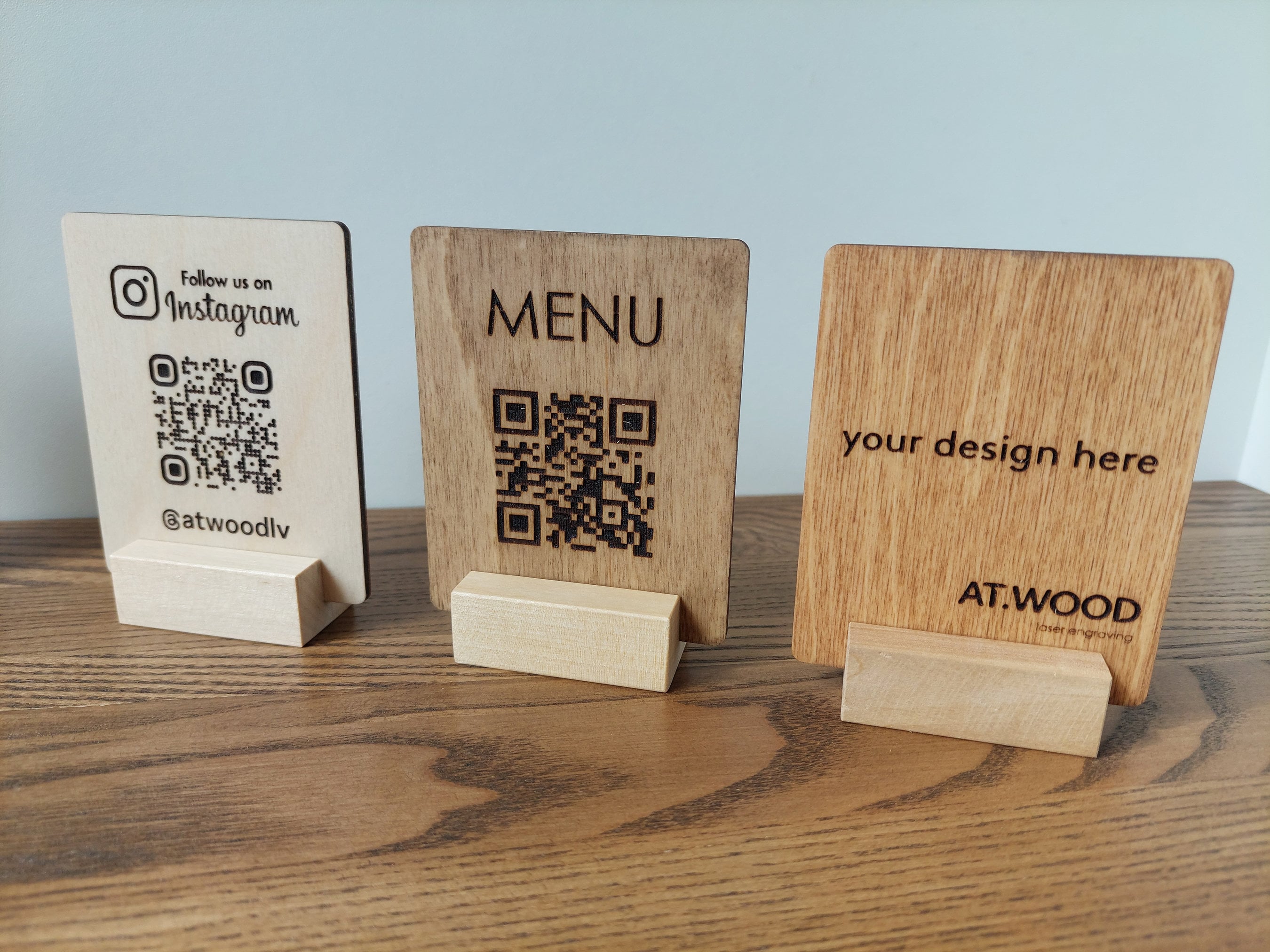 Custom Engraved QR Code Sign: Wooden Restaurant Menu