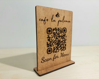 Escaneo de menú, letrero de menú de código QR, letrero de restaurante de madera grabado personalizado, letrero de madera de código QR para Cafe Bar