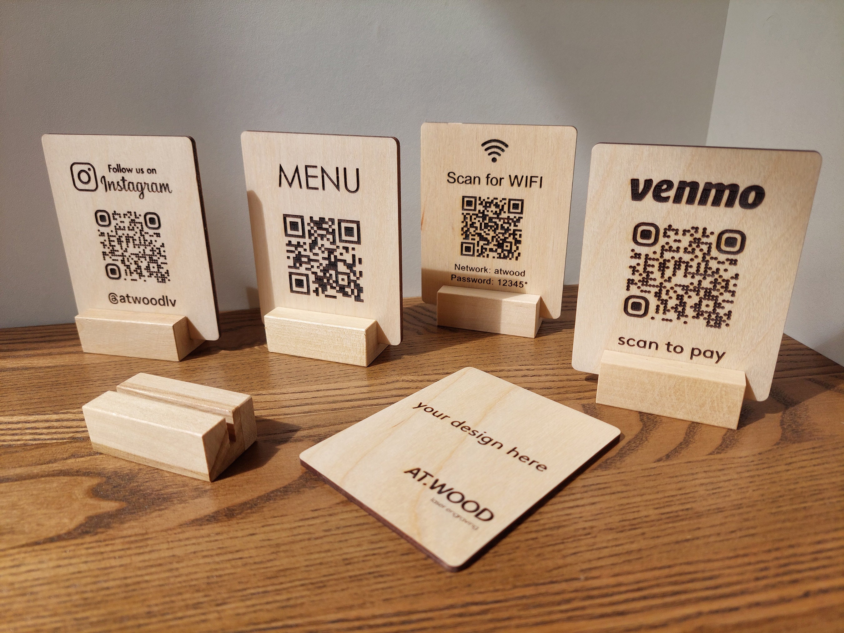 Custom Engraved QR Code Sign: Wooden Restaurant Menu