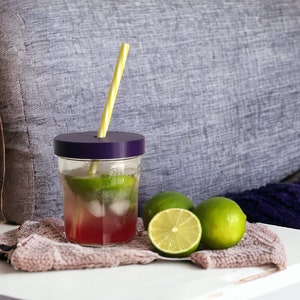 Decorative drinking straw or one-hole flower saver lid for the Bonne Maman jam jar
