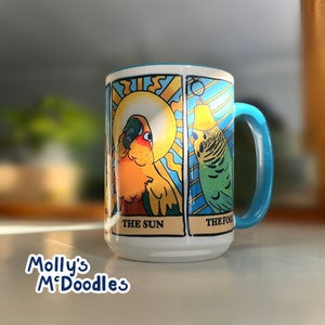 Bird Meme Tarot Mug, Funny Coffee Mug For Bird lovers/ tarot card enthusiasts. Sun conure, budgie / parakeet, crow, cockatiel. Witchy birbs