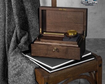 Smell Proof Ash wood Stash Box Kit-Elevate Your Cannabis Experience with the Ultimate Lockable box with rolling tray grinder & ashtray